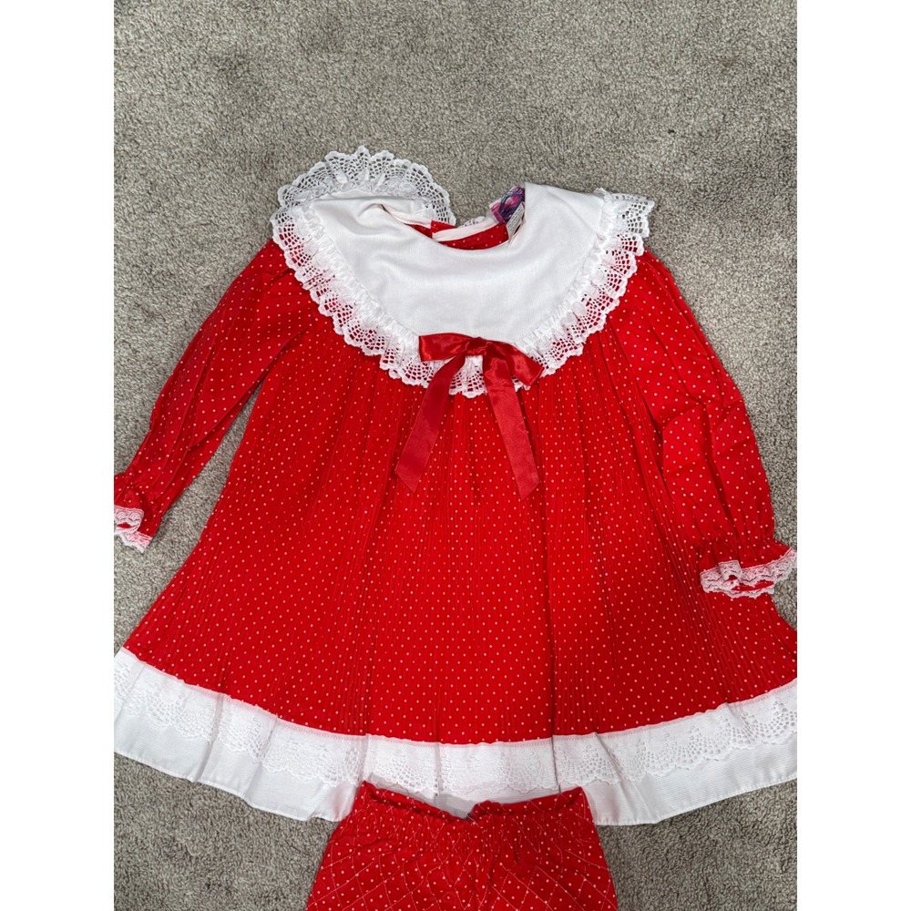 Vintage Red Polka Dot Girls Dress and Pants Set Ruffle Collar Bow Holiday size 4
